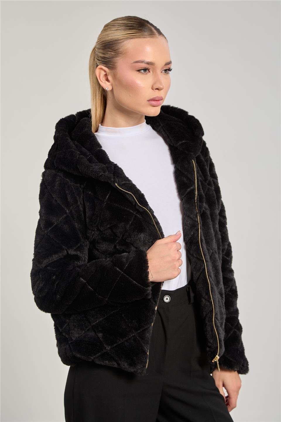 Baklava desenli peluş ceket-2294 - Siyah