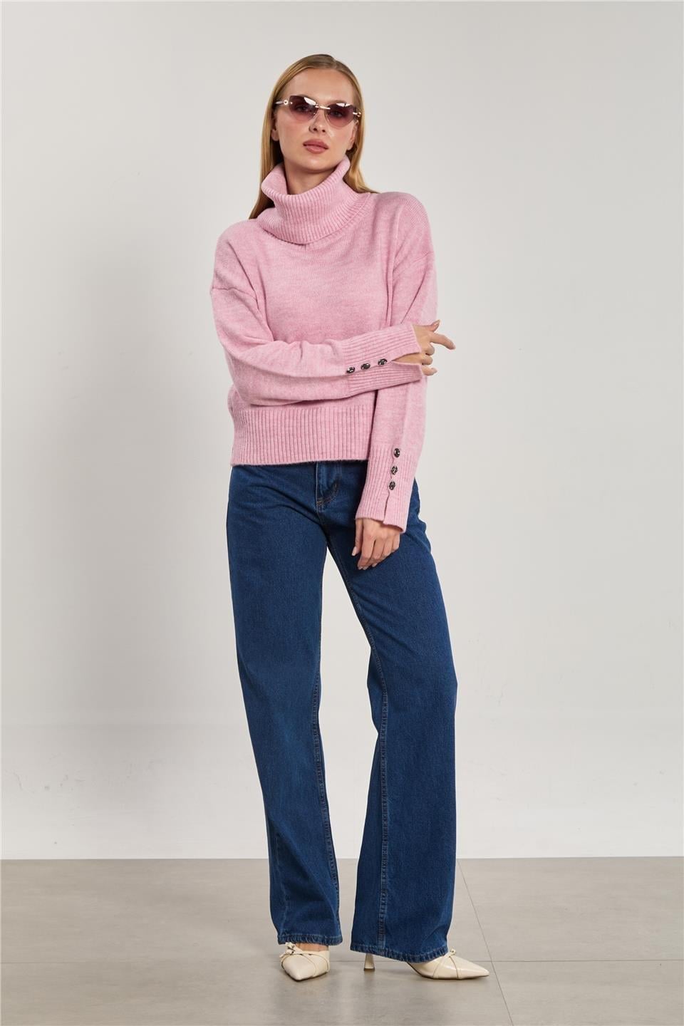 Balıkçı yaka kolu düğmeli triko kazak-WS-07321 - Pembe