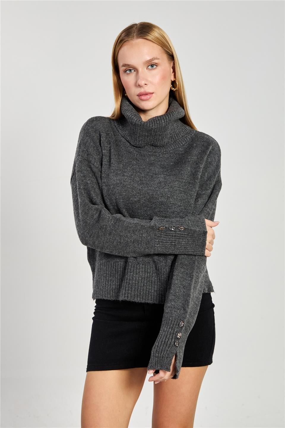 Balıkçı yaka kolu düğmeli triko kazak-WS-07321 - Antrasit