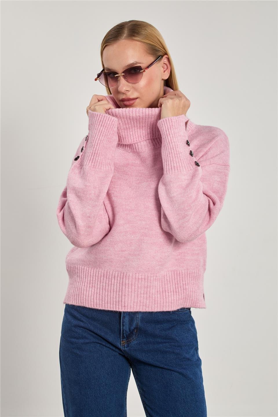 Balıkçı yaka kolu düğmeli triko kazak-WS-07321 - Pembe
