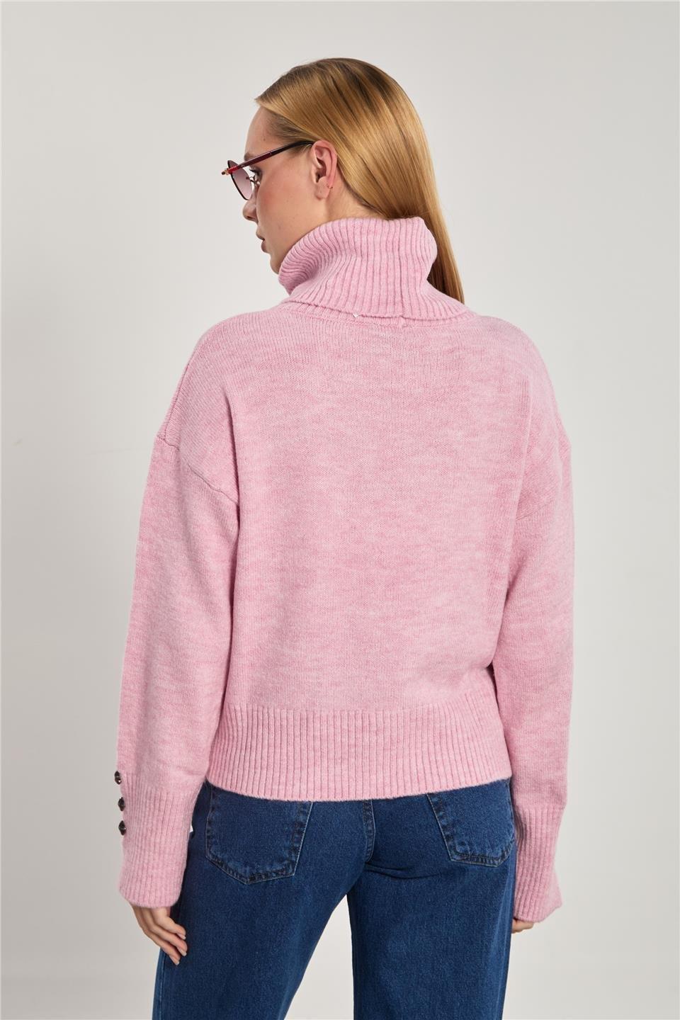Balıkçı yaka kolu düğmeli triko kazak-WS-07321 - Pembe