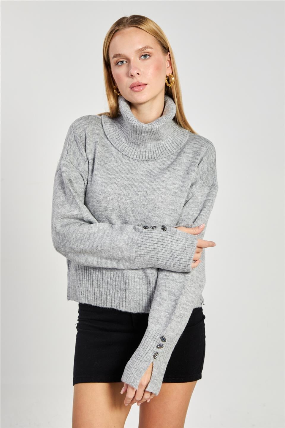 Balıkçı yaka kolu düğmeli triko kazak-WS-07321 - Açık Gri