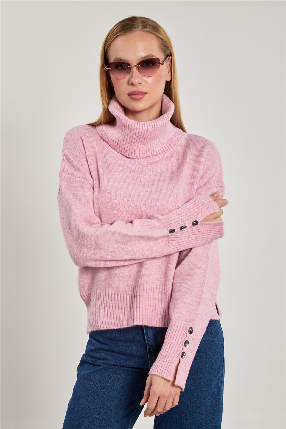 Balıkçı yaka kolu düğmeli triko kazak-WS-07321 - Pembe