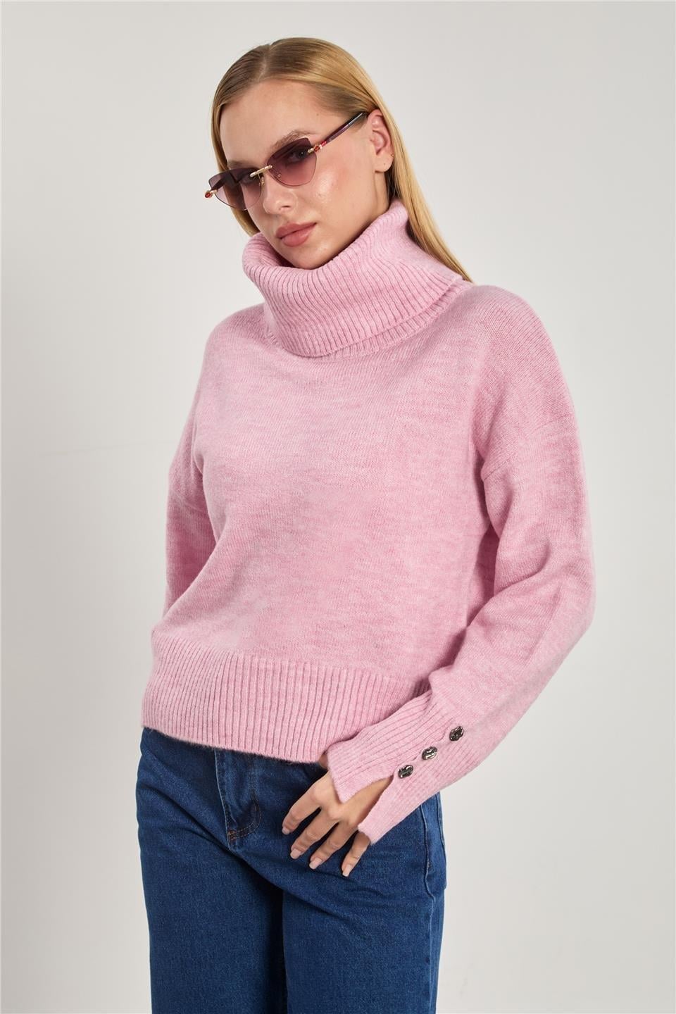 Balıkçı yaka kolu düğmeli triko kazak-WS-07321 - Pembe