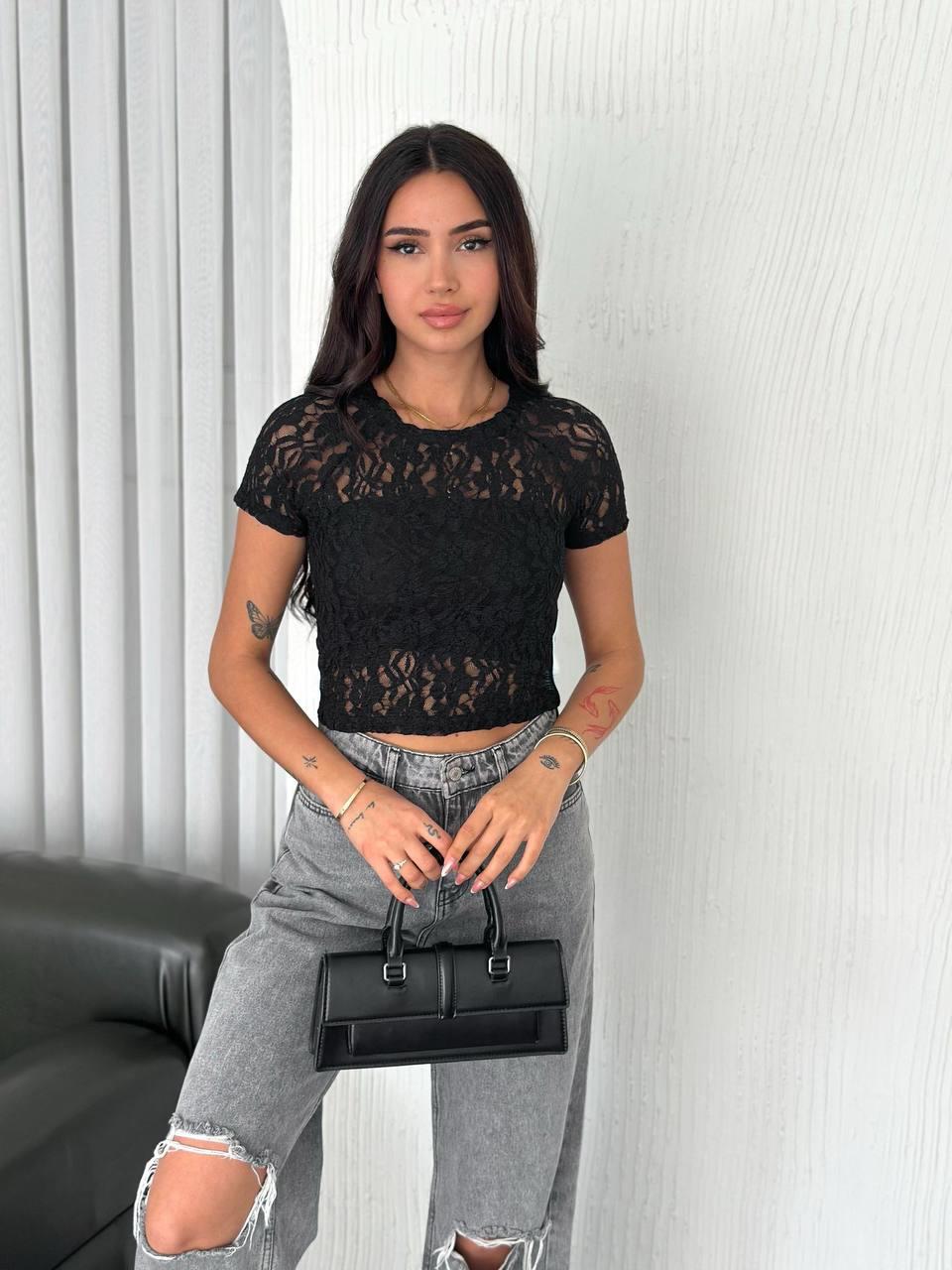 BASIC DANTEL CROP-2034 - SİYAH