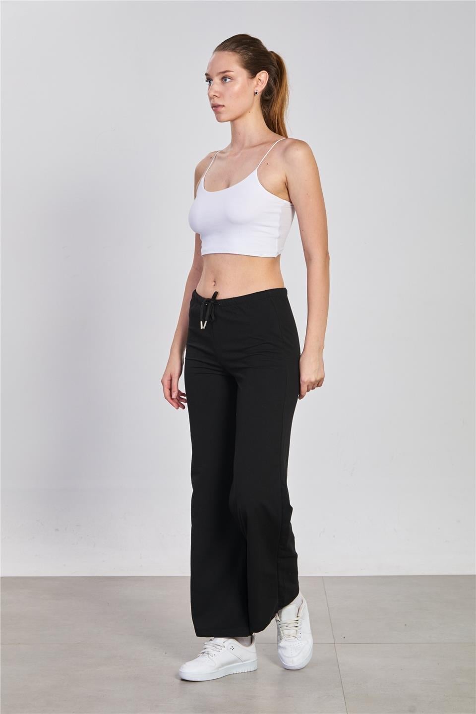 Beli bağlamalı bol paça pantolon-DVN1344 - Siyah