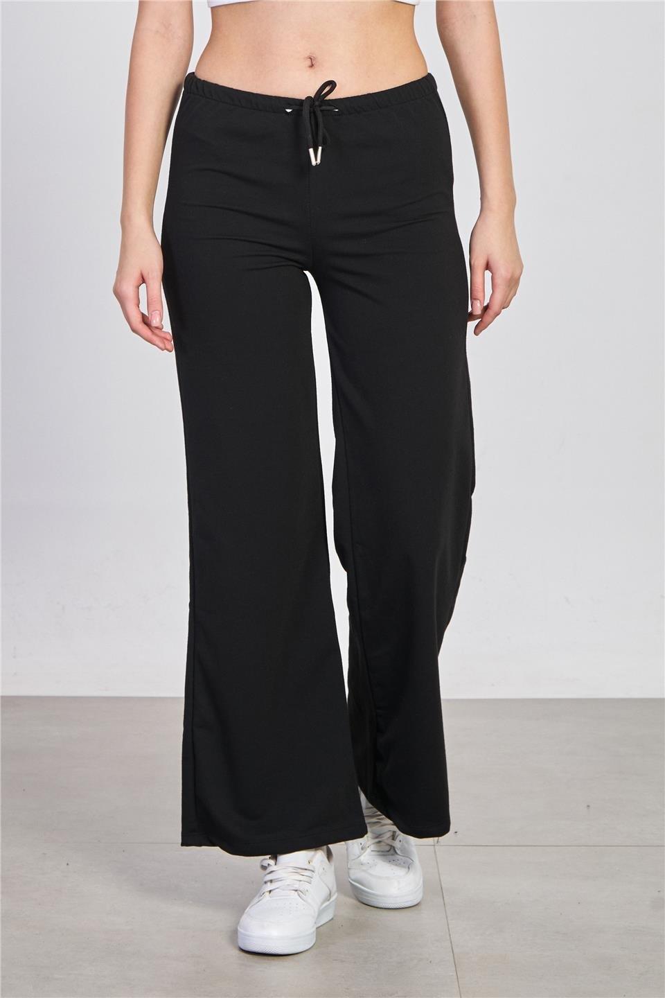 Beli bağlamalı bol paça pantolon-DVN1344 - Siyah