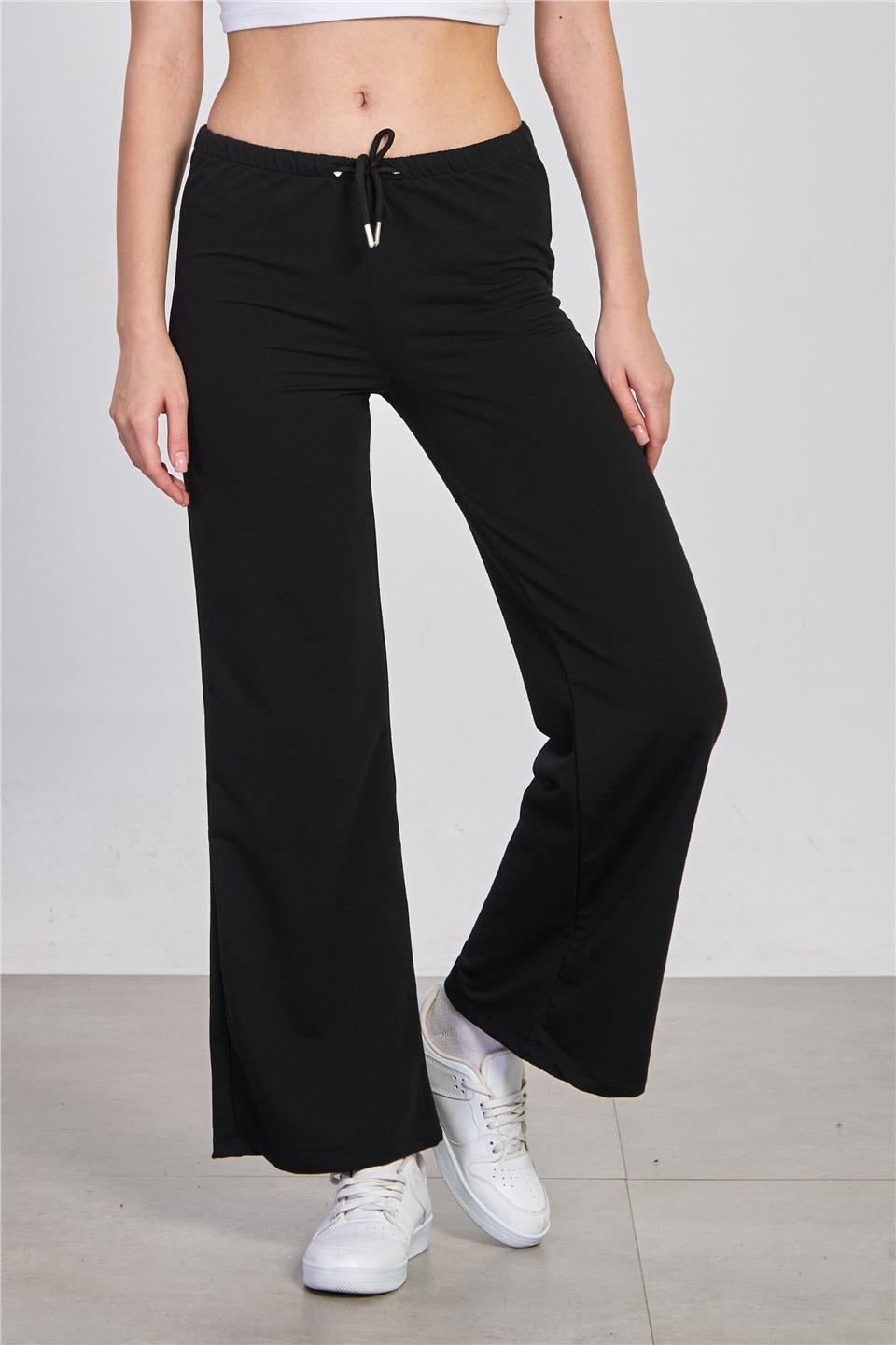 Beli bağlamalı bol paça pantolon-DVN1344 - Siyah