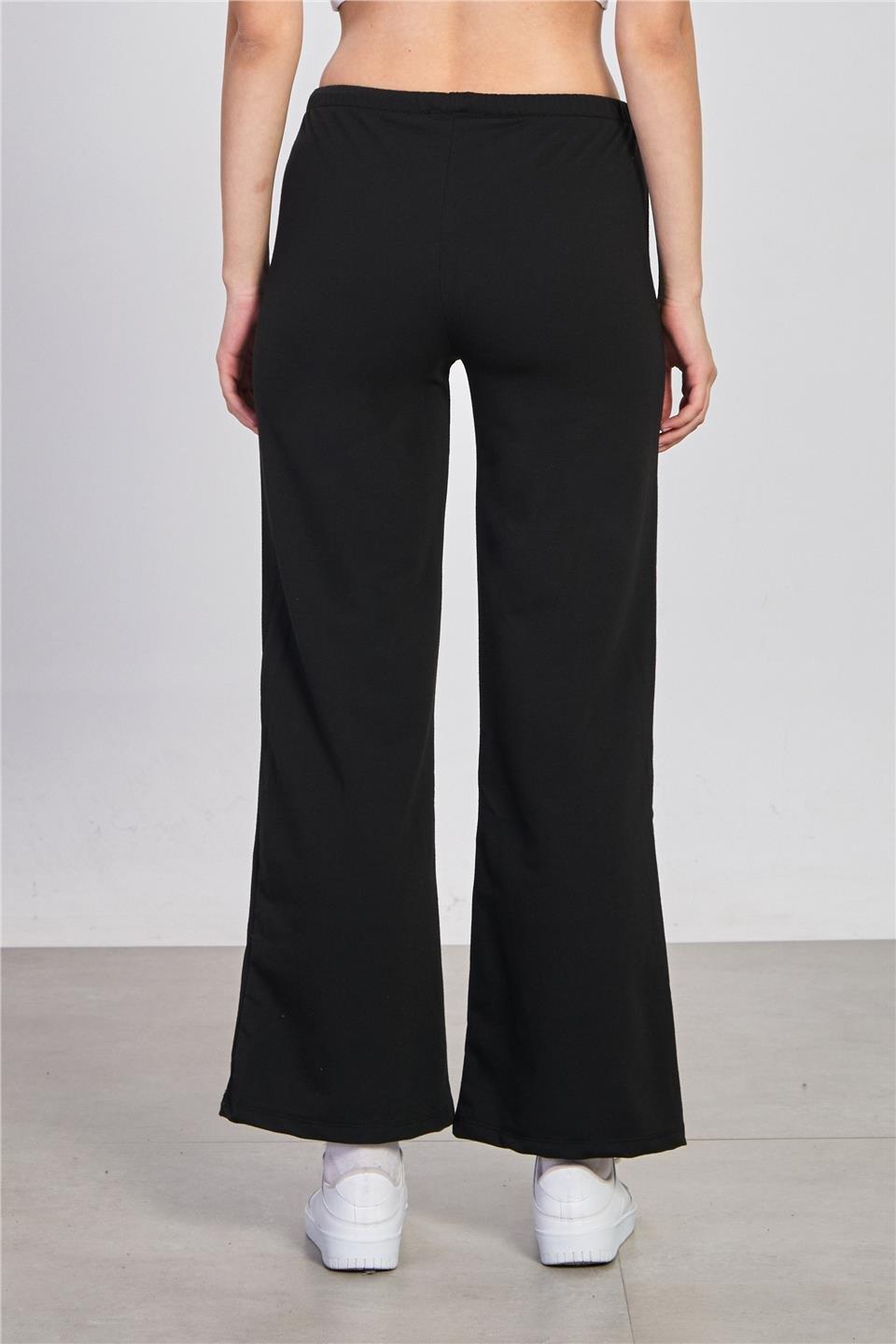 Beli bağlamalı bol paça pantolon-DVN1344 - Siyah