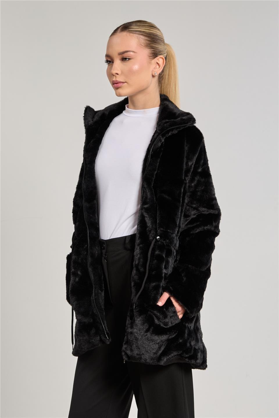 Beli büzgülü dik yaka mont-2049 - Siyah