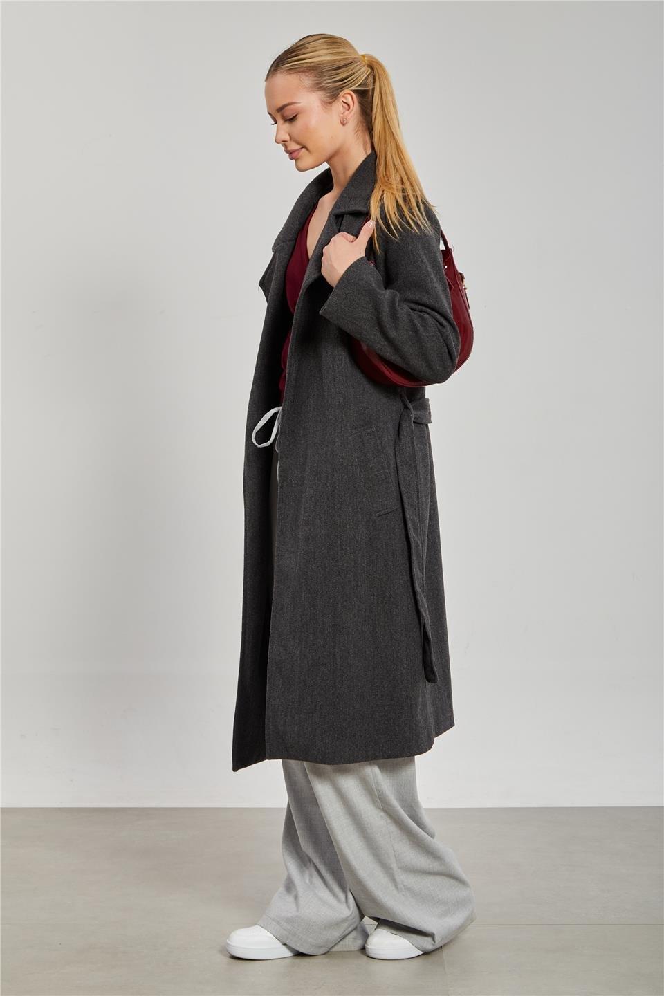 Beli kuşaklı regular fit kaşe kaban-6637 - Antrasit