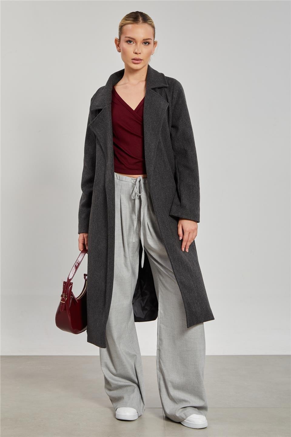 Beli kuşaklı regular fit kaşe kaban-6637 - Antrasit