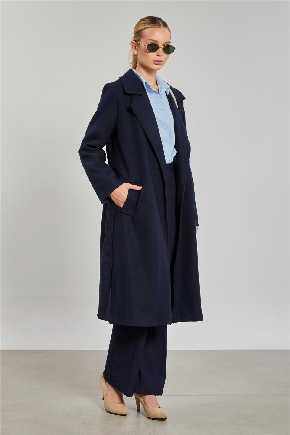 Beli kuşaklı regular fit kaşe kaban-6637 - Lacivert