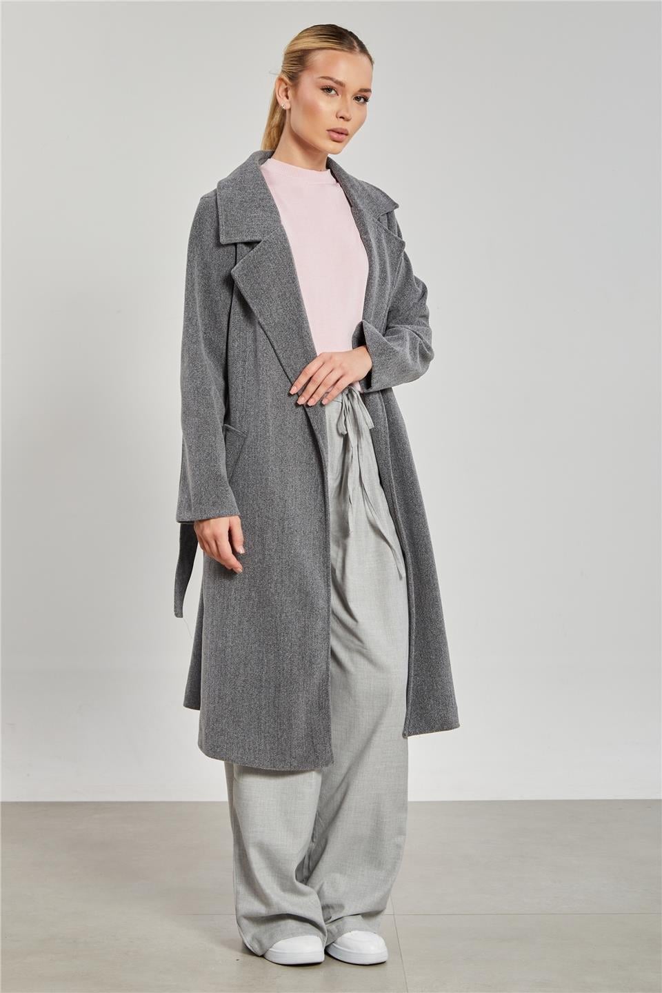 Beli kuşaklı regular fit kaşe kaban-6637 - Gri