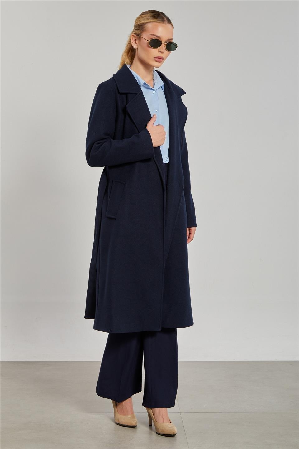 Beli kuşaklı regular fit kaşe kaban-6637 - Lacivert