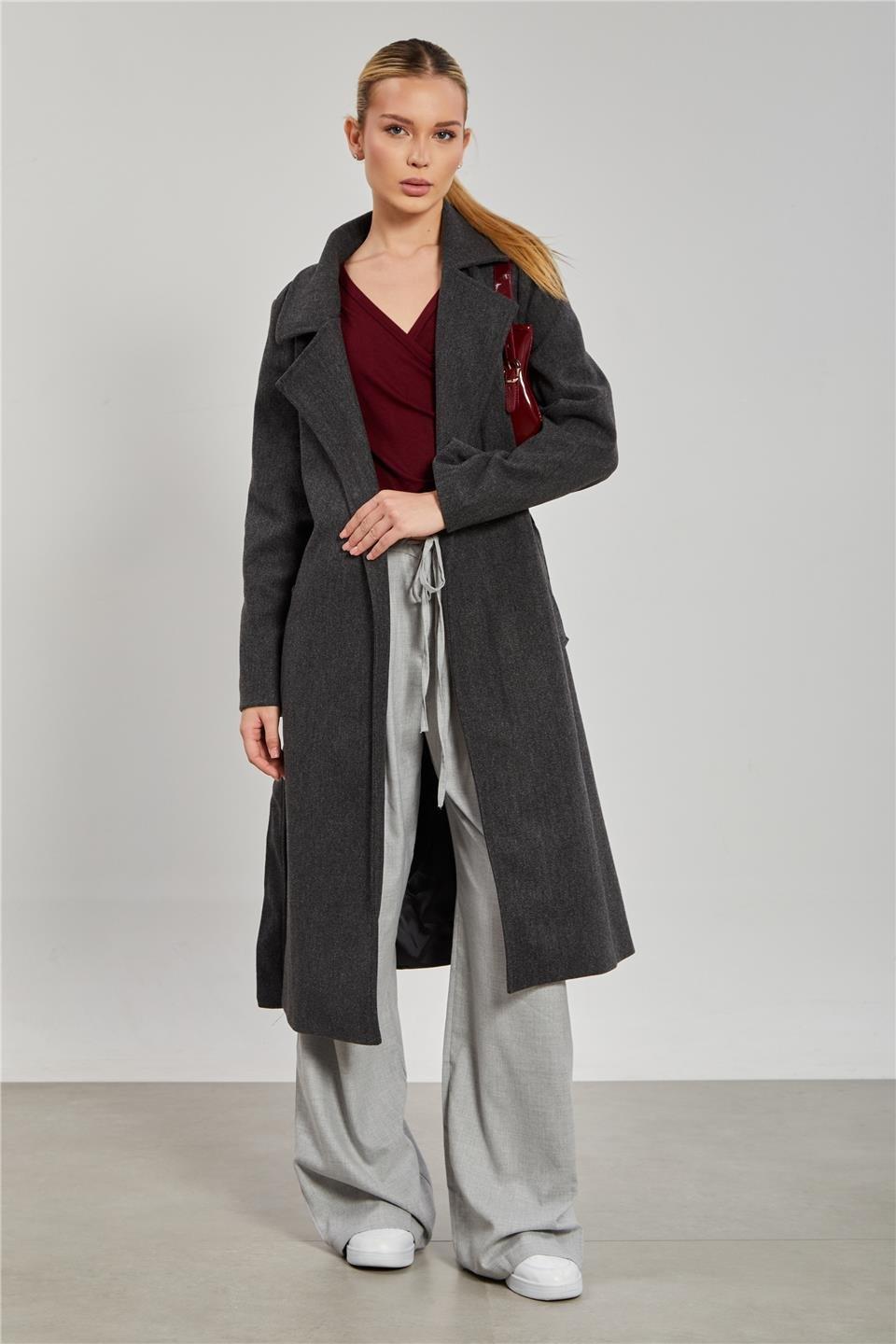 Beli kuşaklı regular fit kaşe kaban-6637 - Antrasit