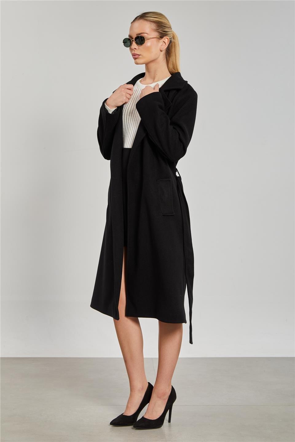Beli kuşaklı regular fit kaşe kaban-6637 - Siyah