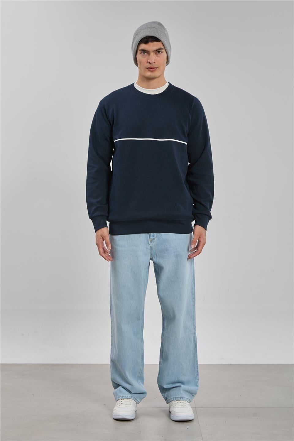 Bisiklet yaka biyeli reglon kol sweatshirt-1227 - Lacivert
