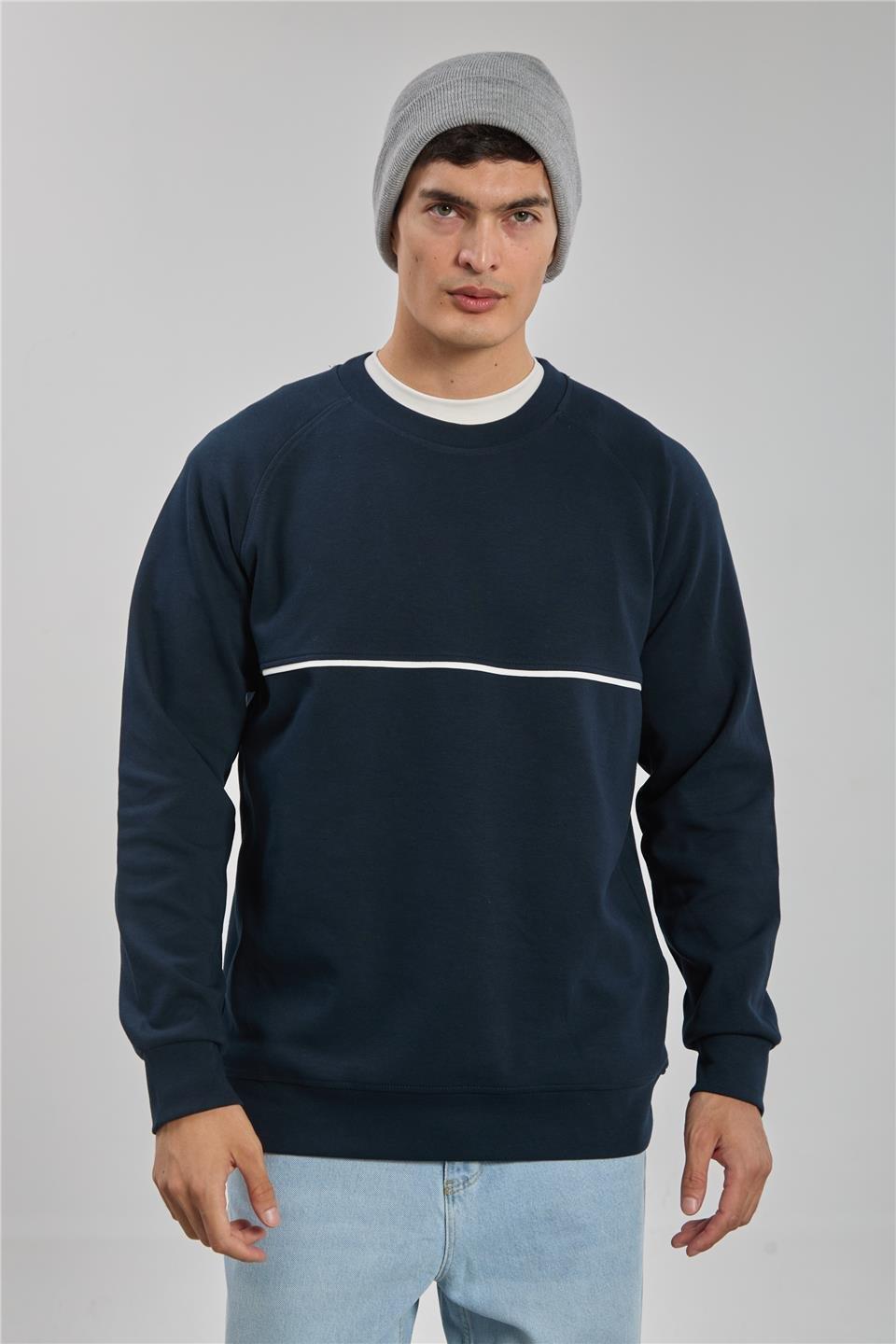 Bisiklet yaka biyeli reglon kol sweatshirt-1227 - Lacivert