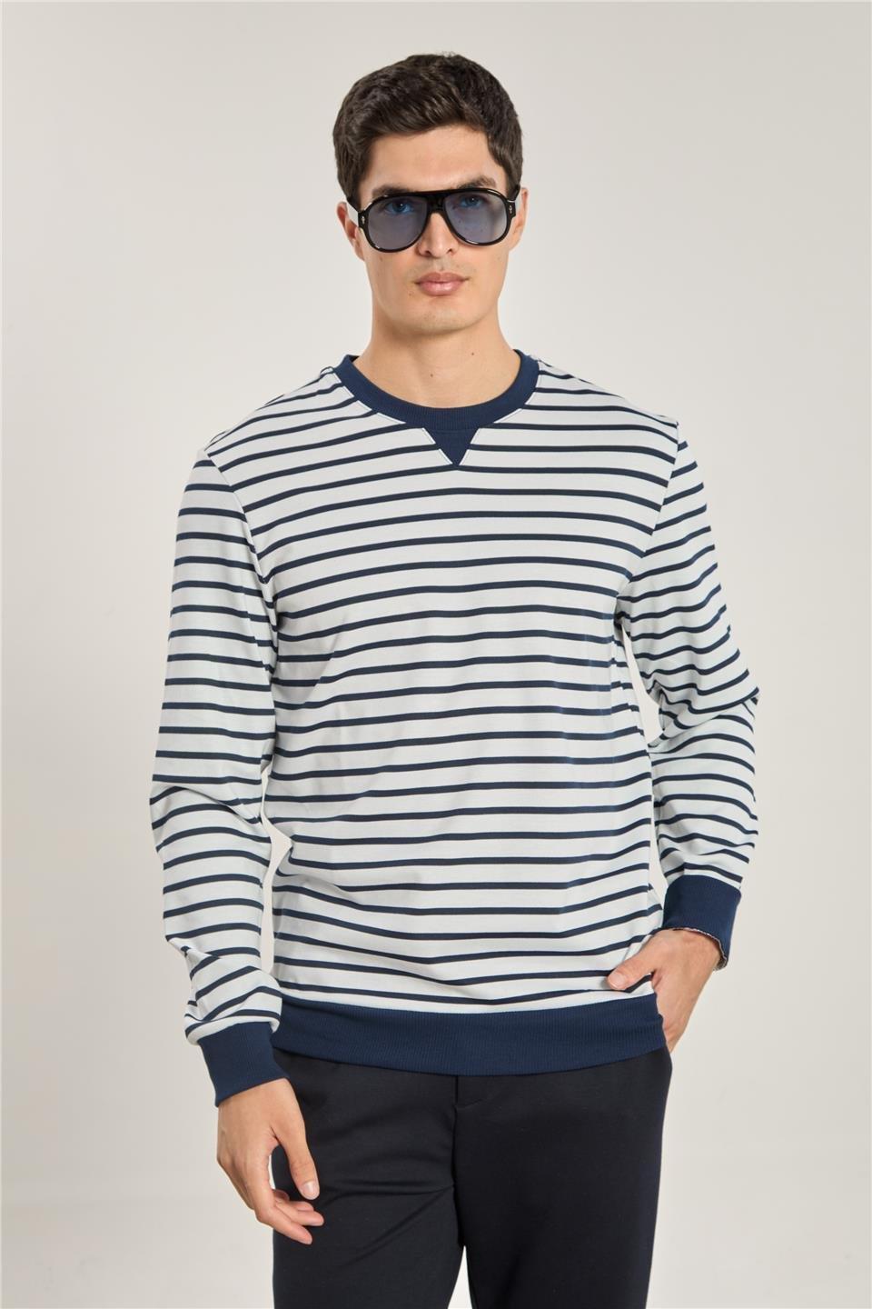 Bisiklet yaka çizgili sweat-6498AX - Beyaz/Lacivert