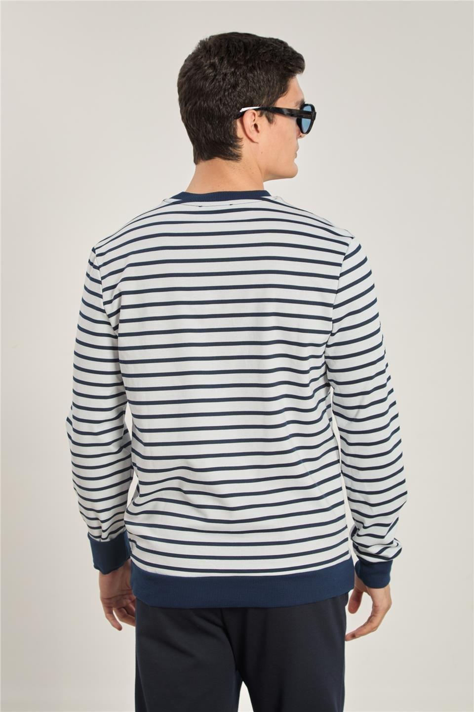 Bisiklet yaka çizgili sweat-6498AX - Beyaz/Lacivert
