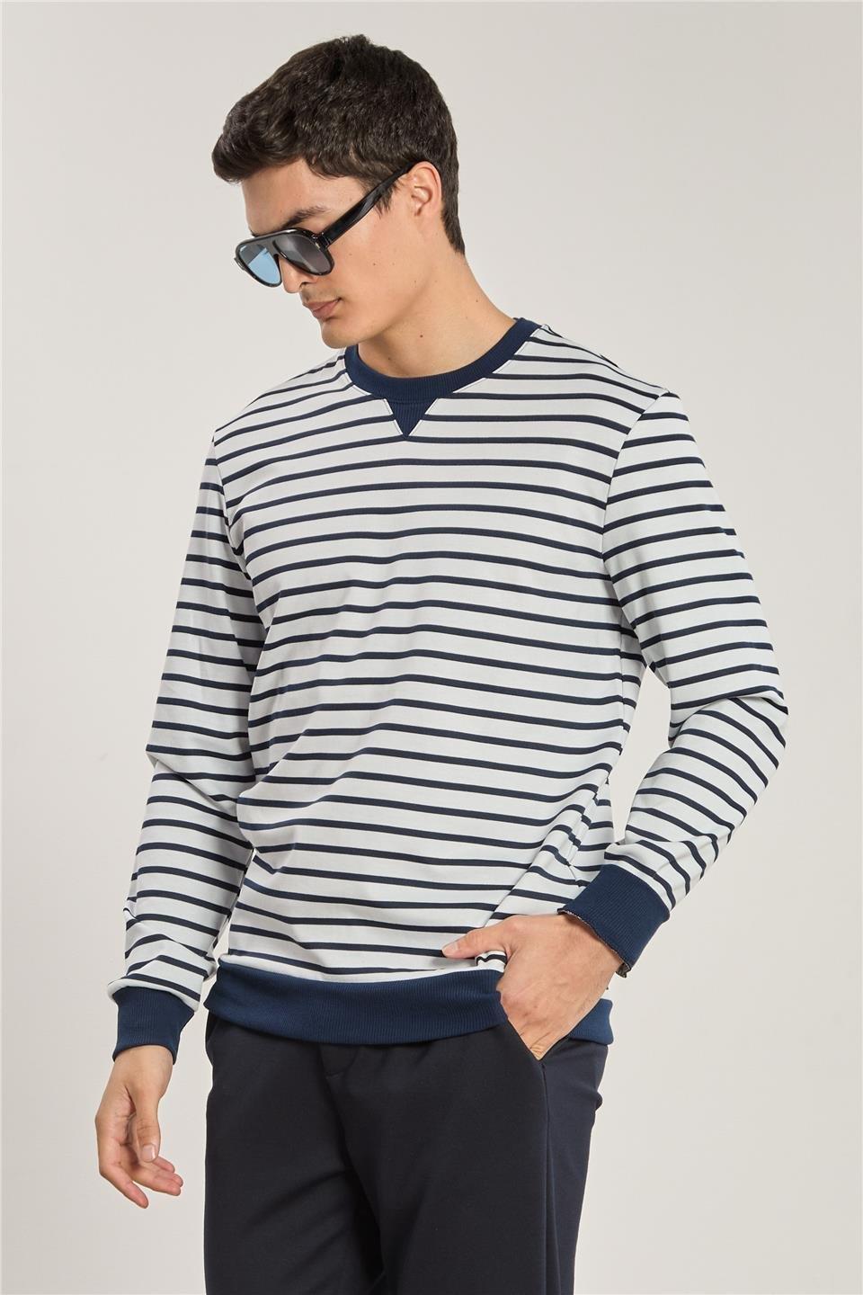 Bisiklet yaka çizgili sweat-6498AX - Beyaz/Lacivert