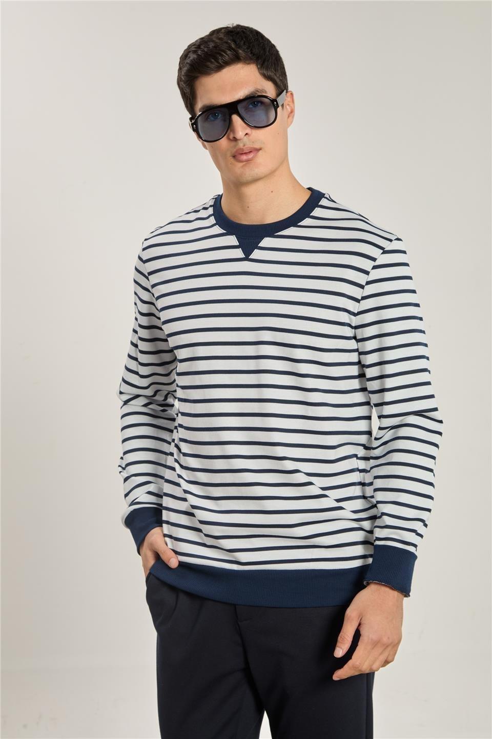 Bisiklet yaka çizgili sweat-6498AX - Beyaz/Lacivert