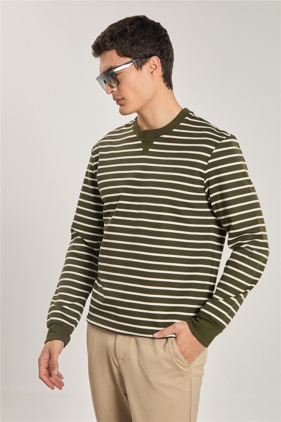 Bisiklet yaka çizgili sweat-6498AX - Haki/Beyaz