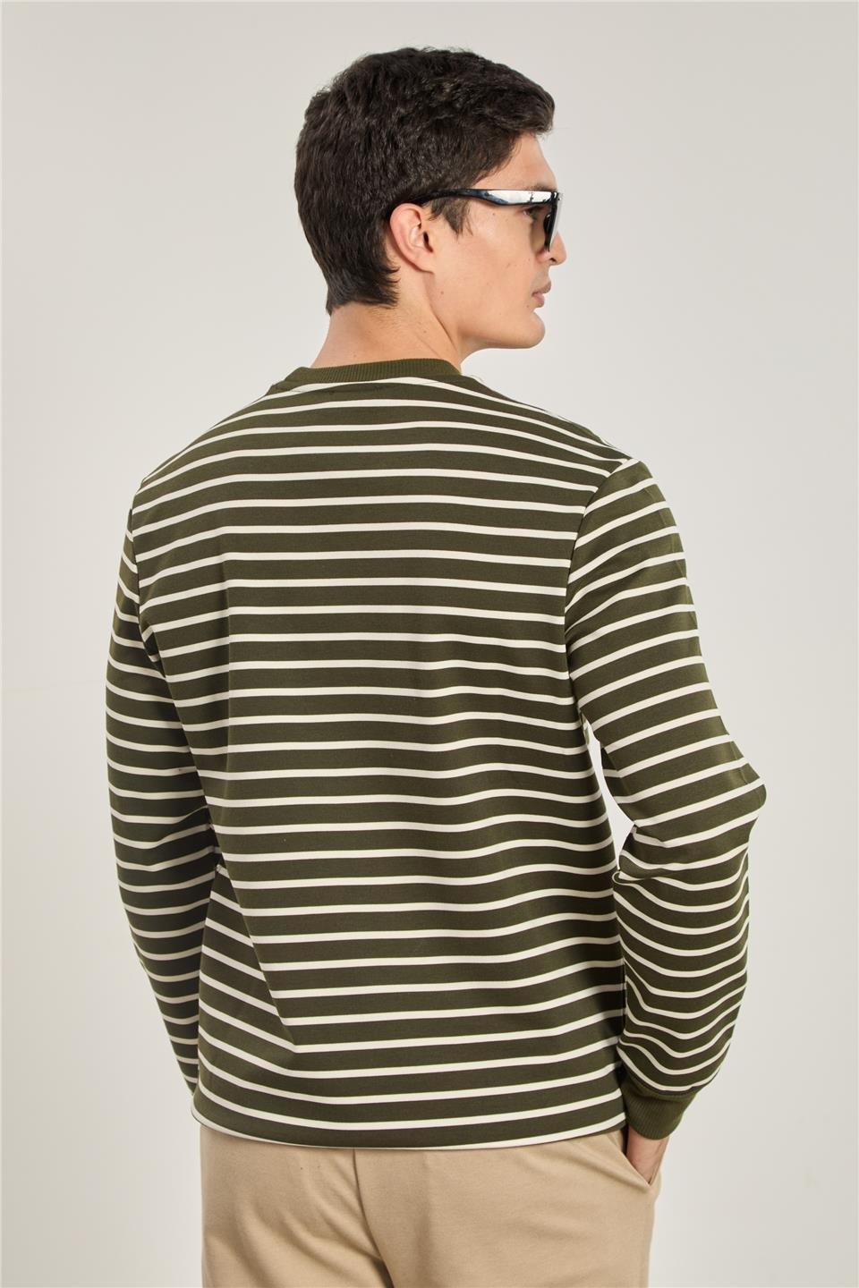 Bisiklet yaka çizgili sweat-6498AX - Haki/Beyaz