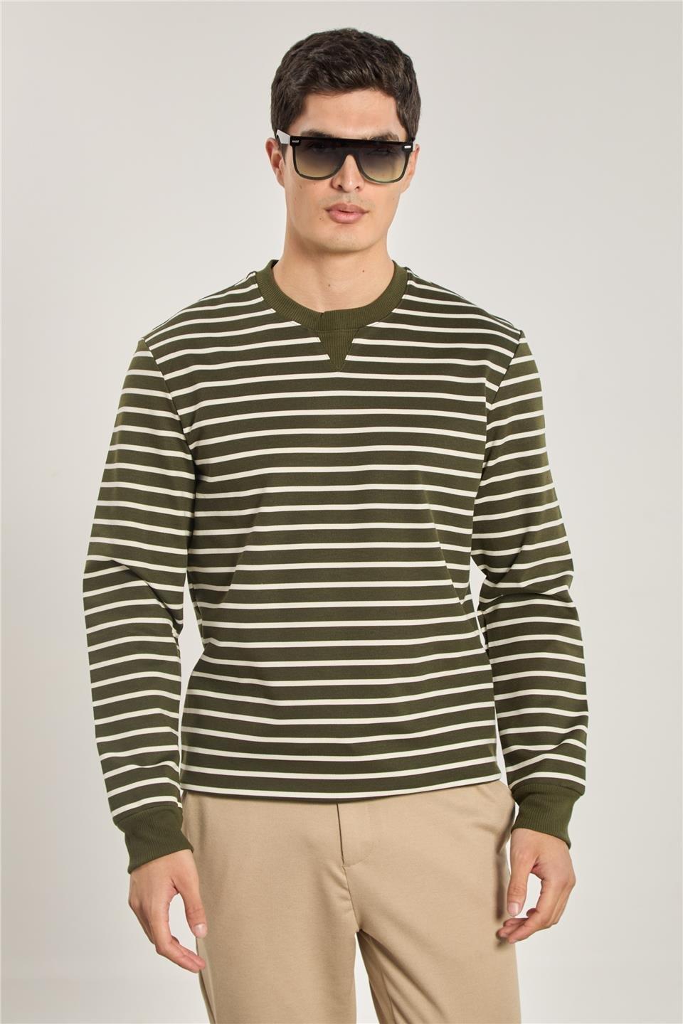 Bisiklet yaka çizgili sweat-6498AX - Haki/Beyaz