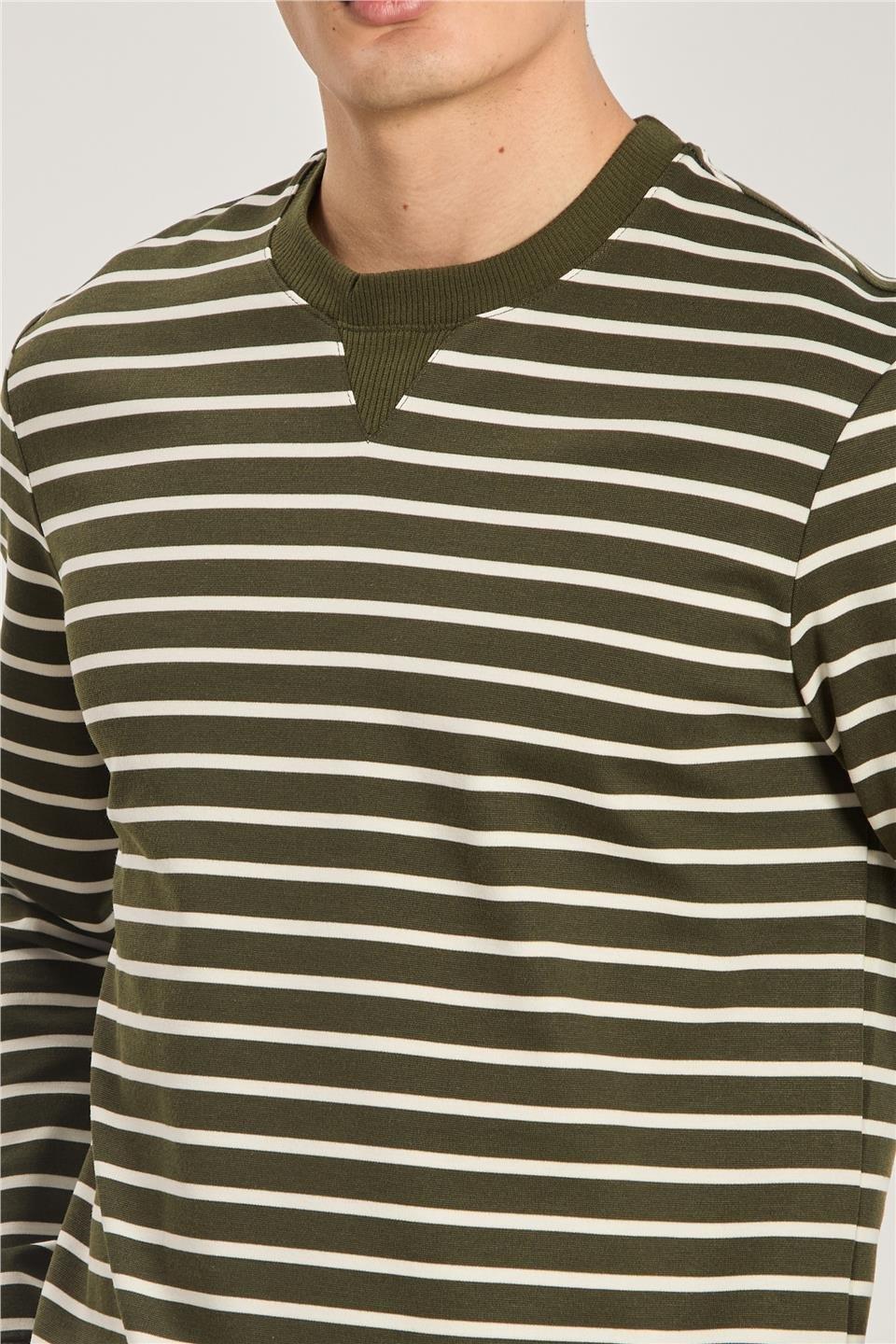Bisiklet yaka çizgili sweat-6498AX - Haki/Beyaz