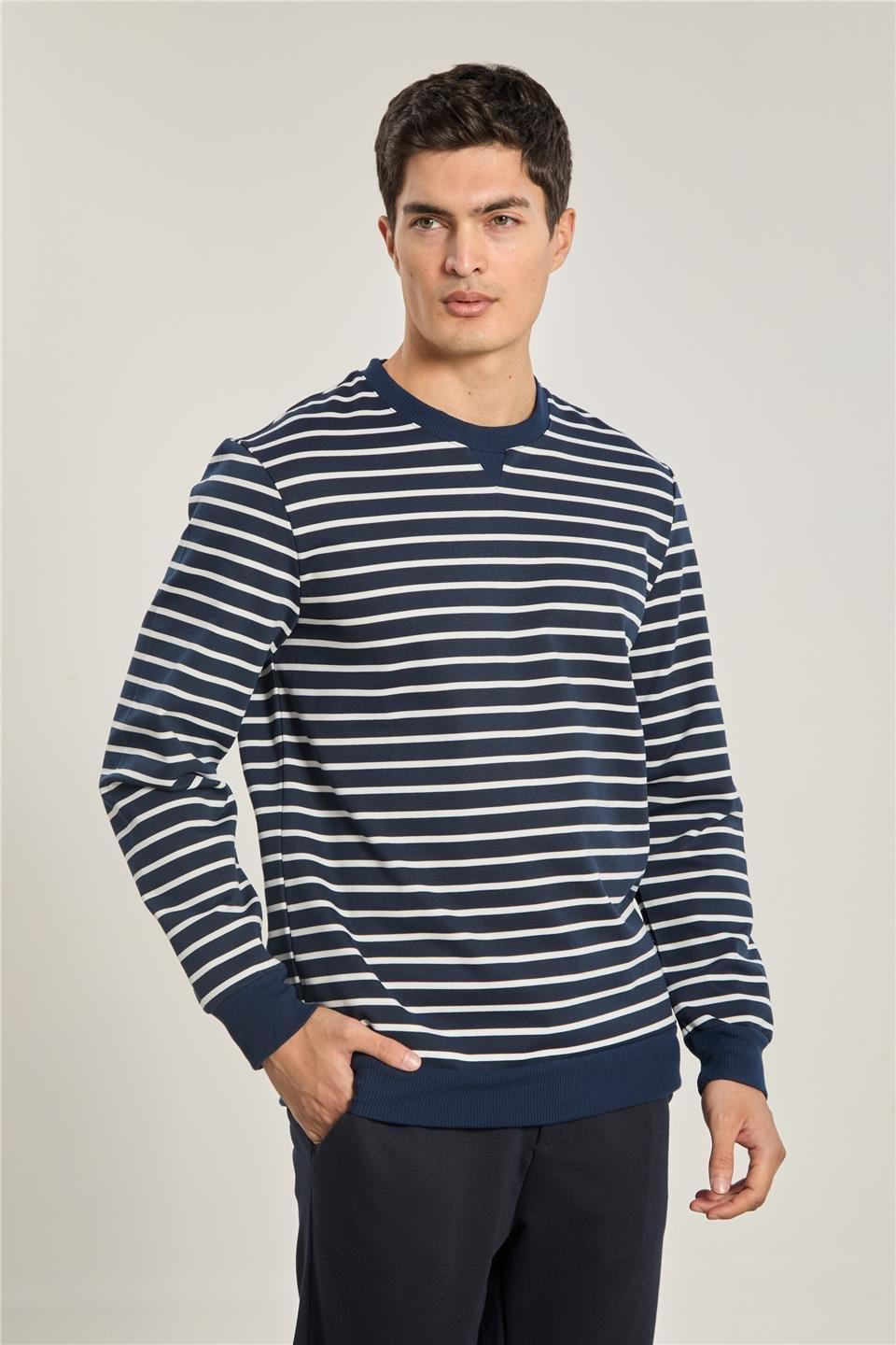 Bisiklet yaka çizgili sweat-6498AX - Lacivert/Beyaz