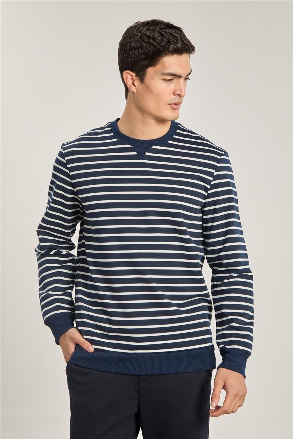 Bisiklet yaka çizgili sweat-6498AX - Lacivert/Beyaz