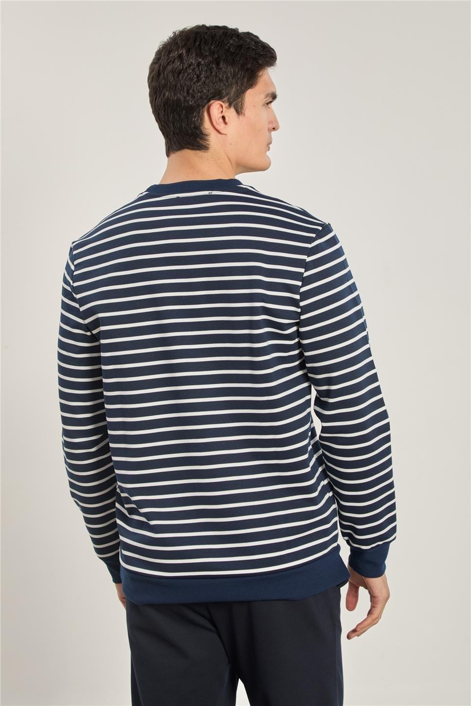 Bisiklet yaka çizgili sweat-6498AX - Lacivert/Beyaz