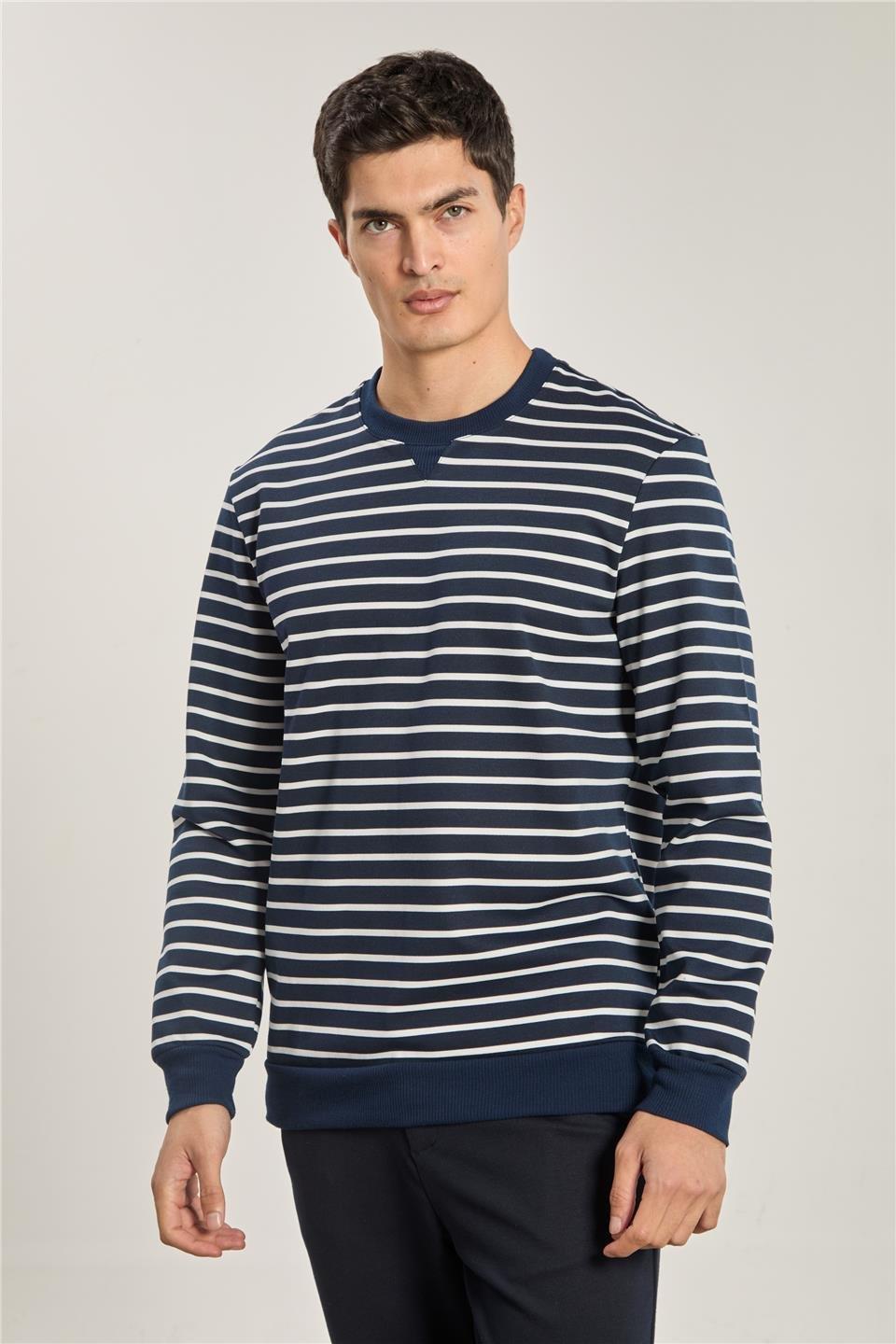 Bisiklet yaka çizgili sweat-6498AX - Lacivert/Beyaz