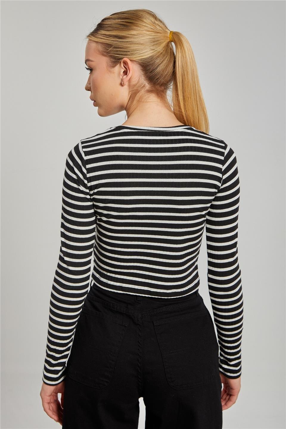 Bisiklet yaka çizgili uzun kol crop body-608-21 - Siyah