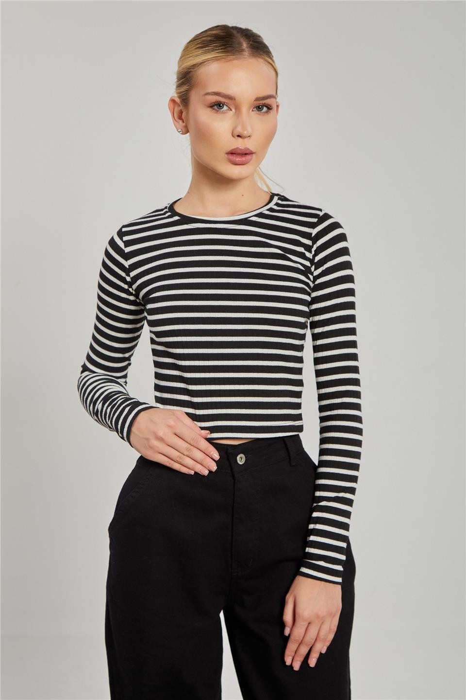 Bisiklet yaka çizgili uzun kol crop body-608-21 - Siyah