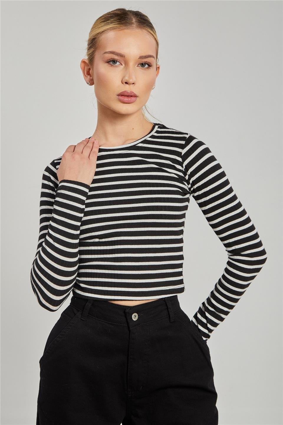 Bisiklet yaka çizgili uzun kol crop body-608-21 - Siyah