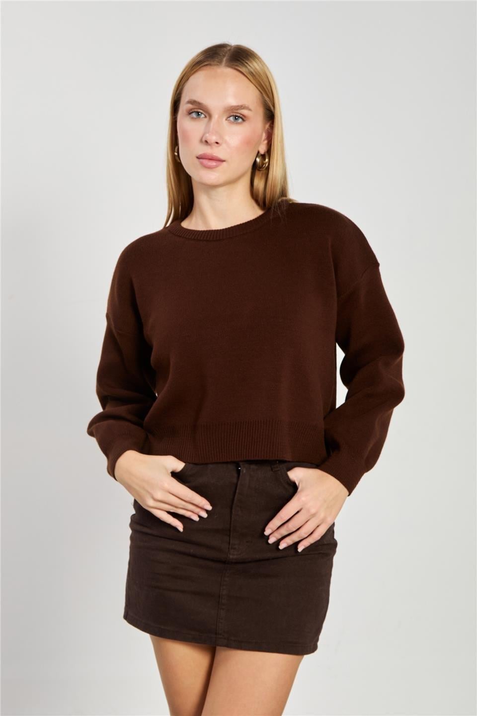 Bisiklet yaka crop kazak-1795 - Acı Kahve