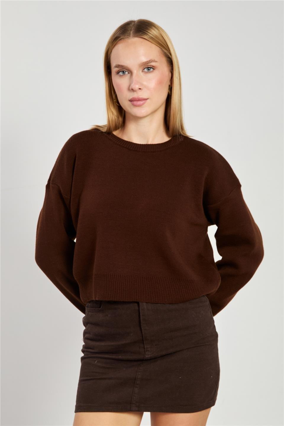 Bisiklet yaka crop kazak-1795 - Acı Kahve