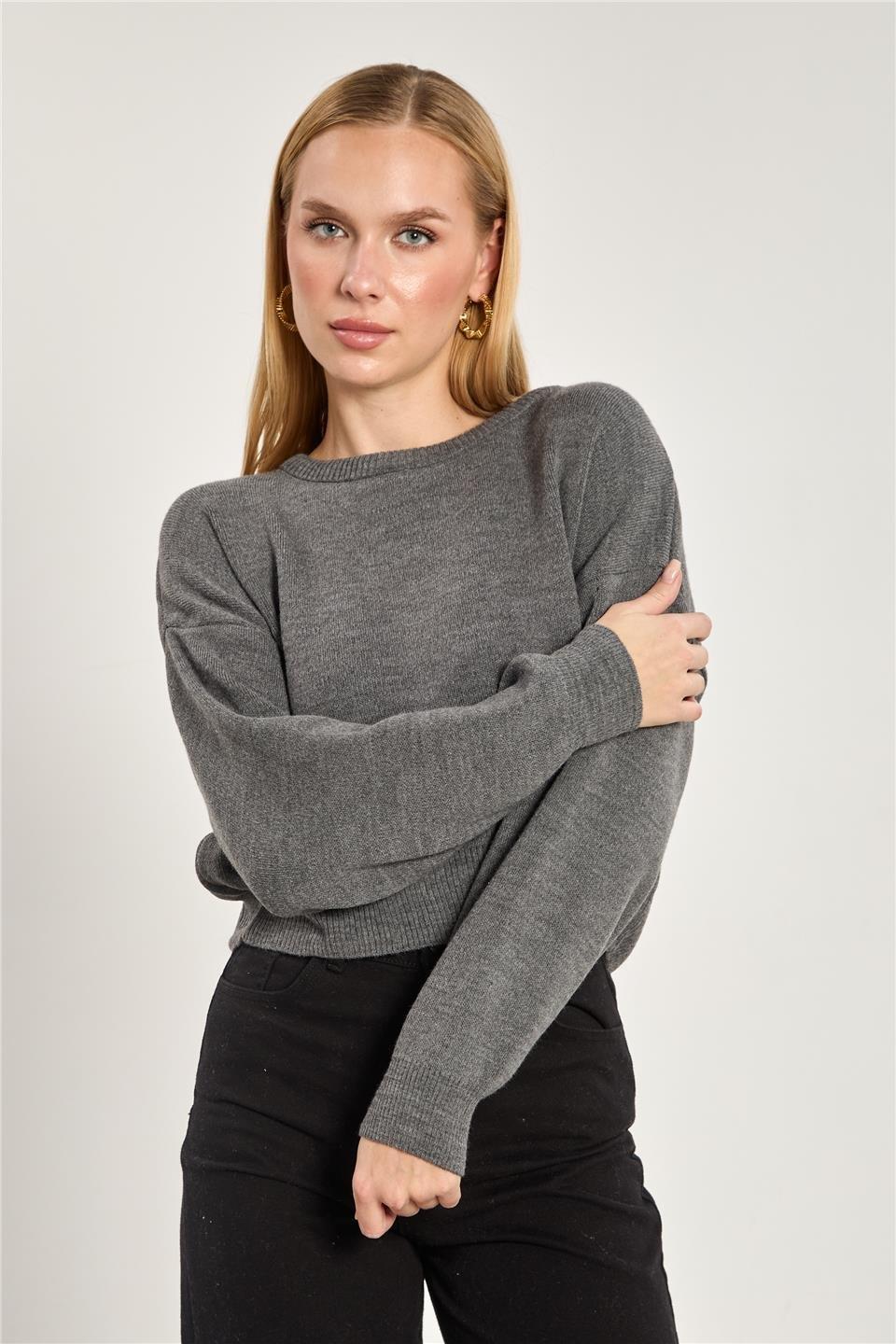 Bisiklet yaka crop kazak-1795 - Antrasit