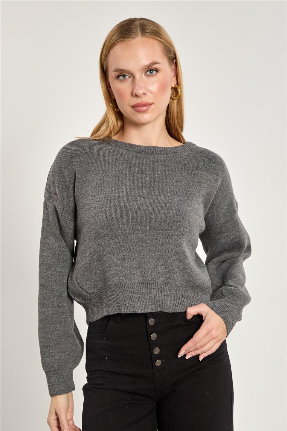 Bisiklet yaka crop kazak-1795 - Antrasit