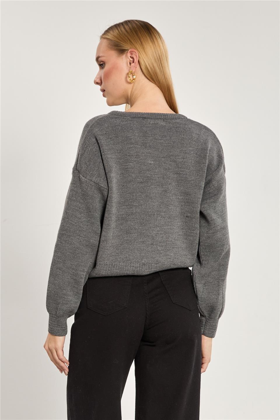 Bisiklet yaka crop kazak-1795 - Antrasit
