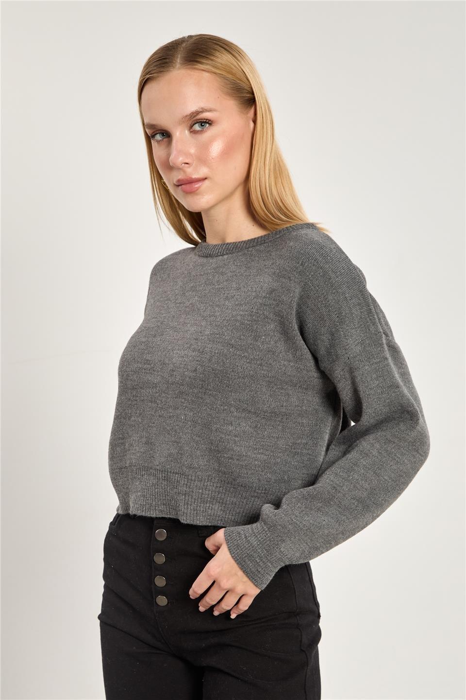 Bisiklet yaka crop kazak-1795 - Antrasit