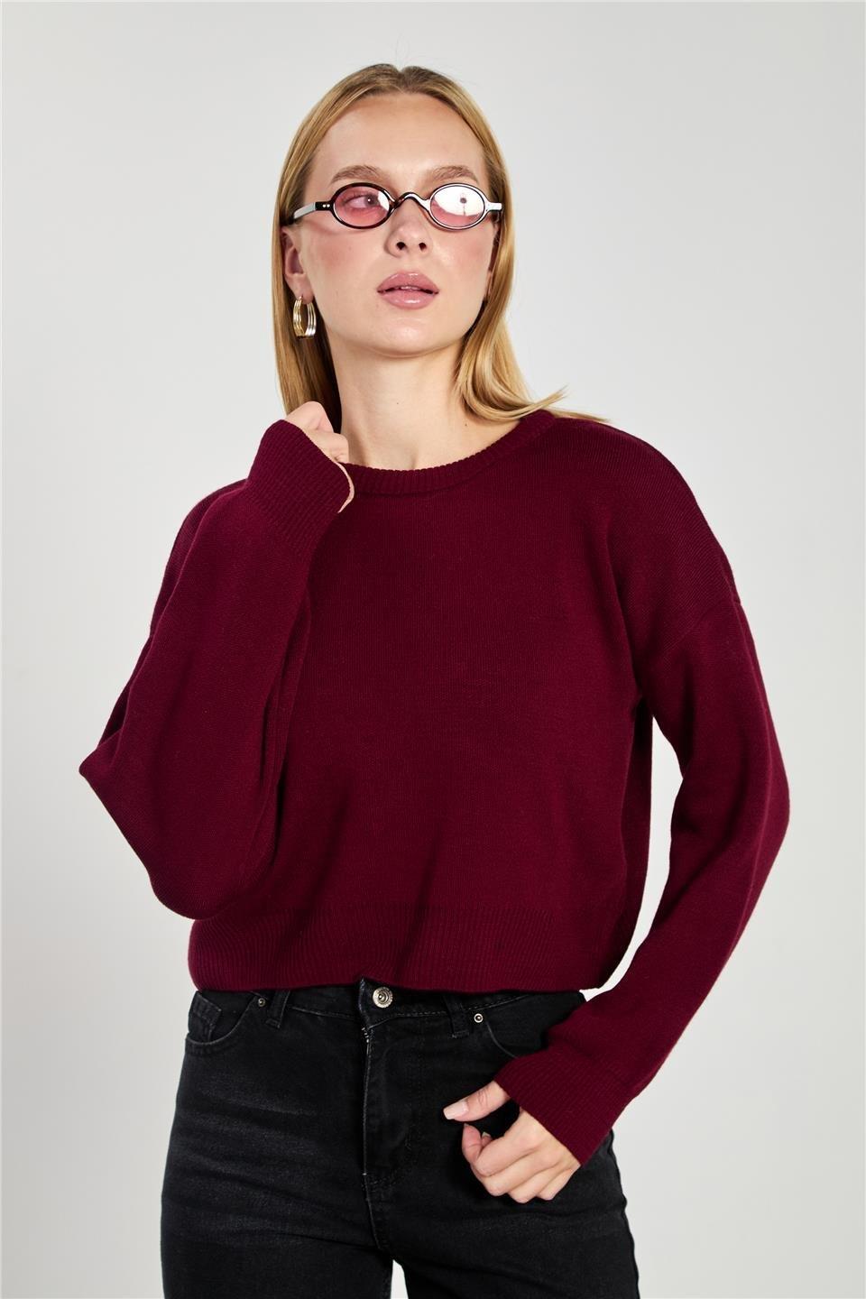 Bisiklet yaka crop kazak-1795 - Bordo