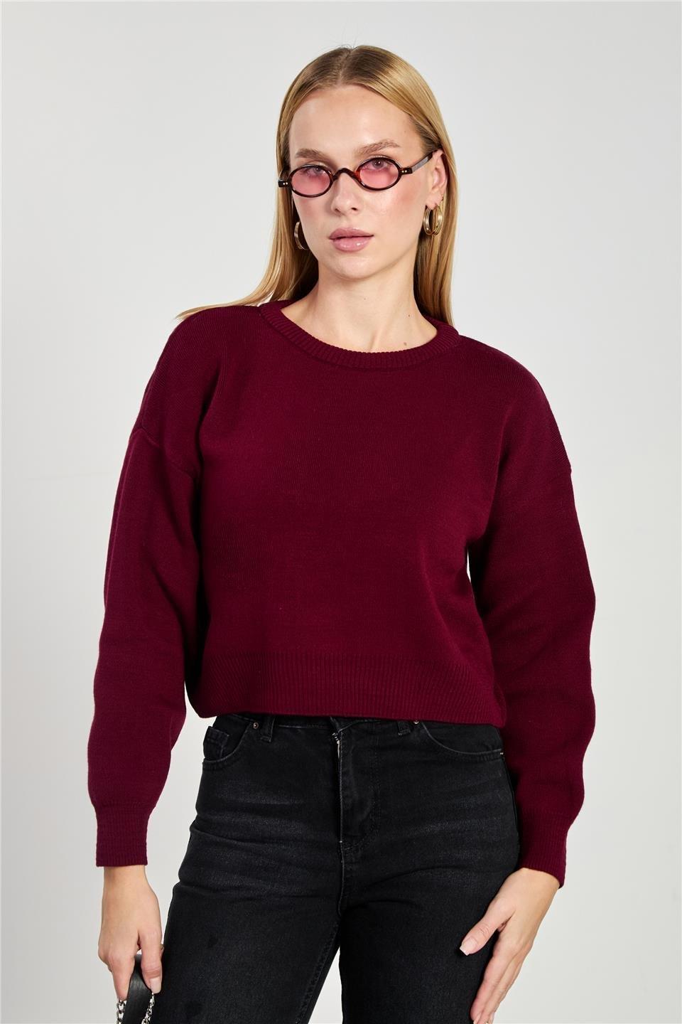 Bisiklet yaka crop kazak-1795 - Bordo