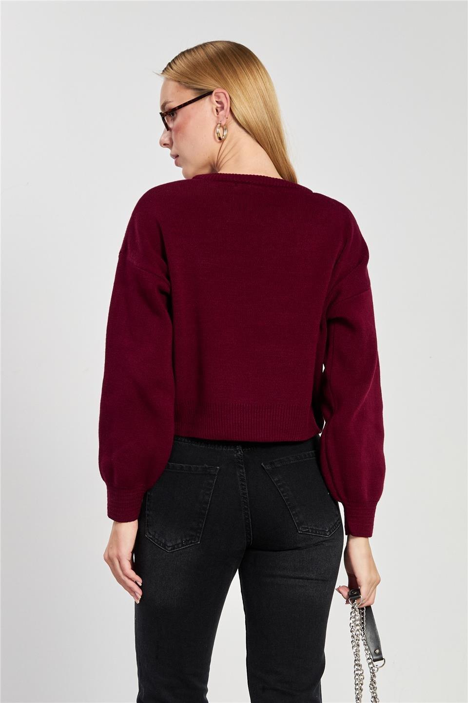 Bisiklet yaka crop kazak-1795 - Bordo