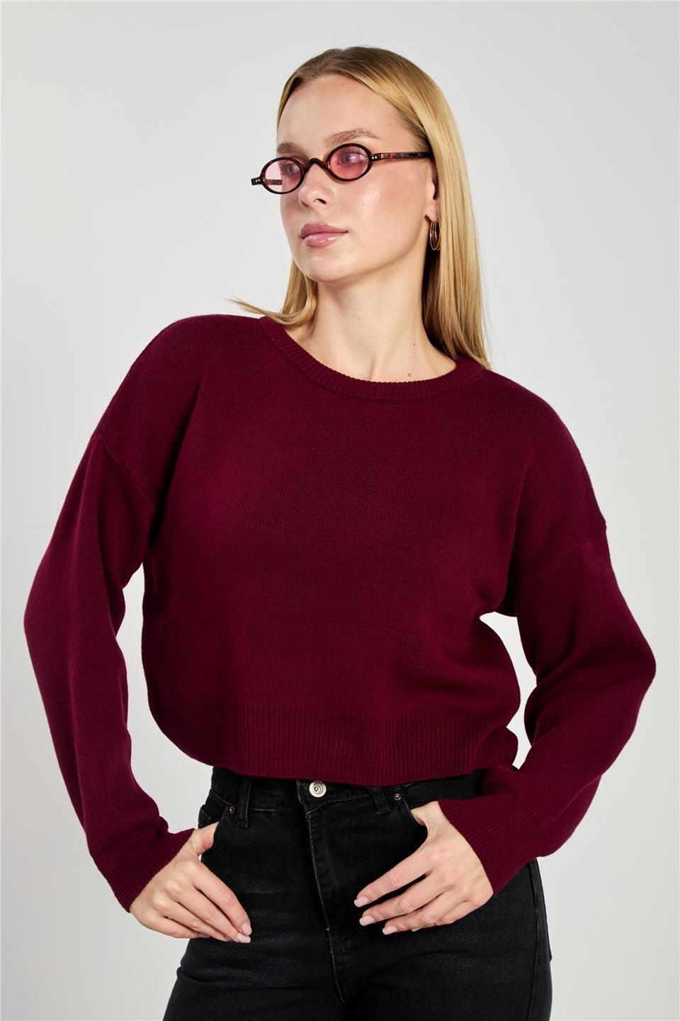 Bisiklet yaka crop kazak-1795 - Bordo