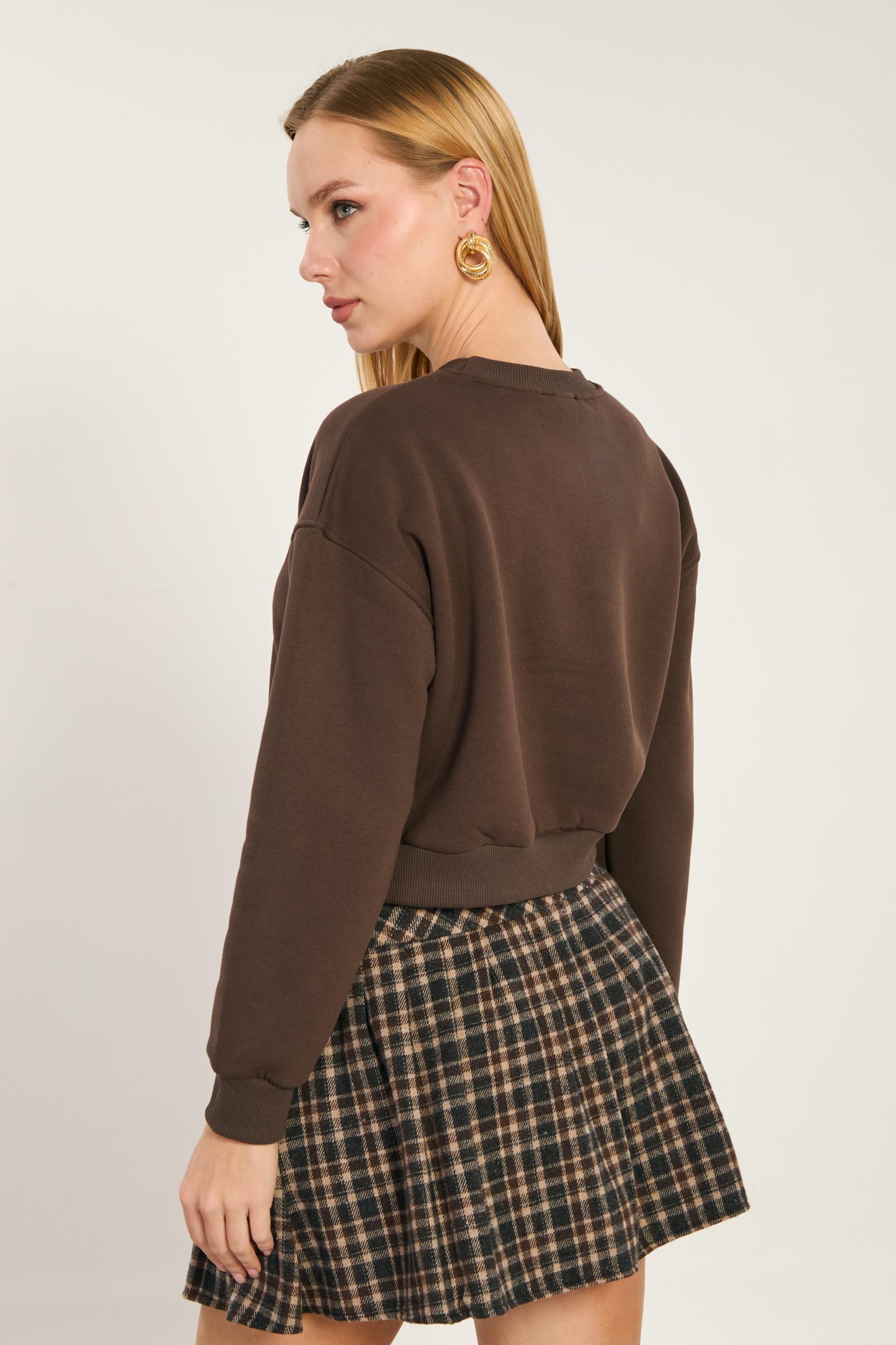 Bisiklet yaka crop sweatshirt-82-148 - Kahve