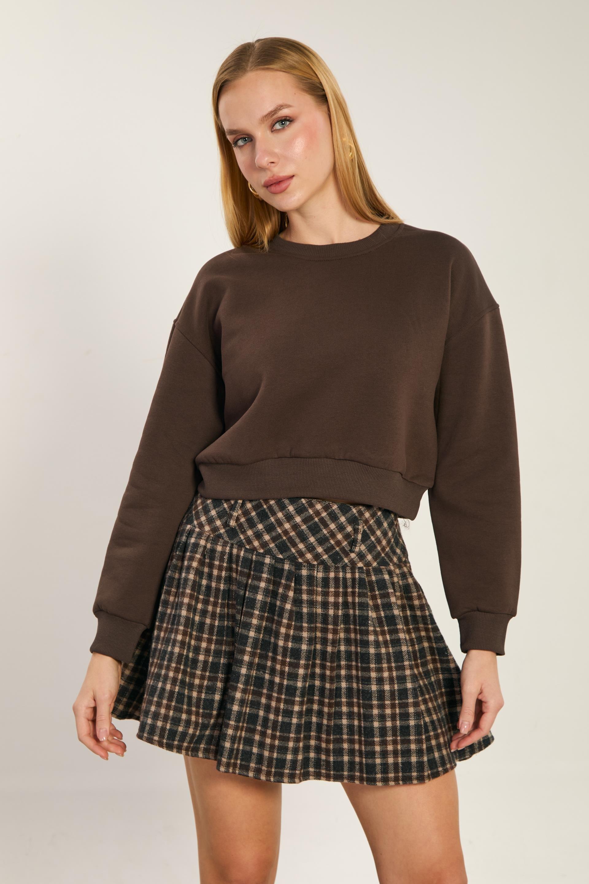 Bisiklet yaka crop sweatshirt-82-148 - Kahve
